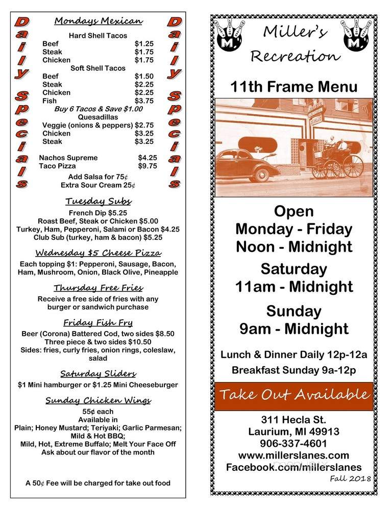Miller's Recreation - Laurium, MI menu_pic