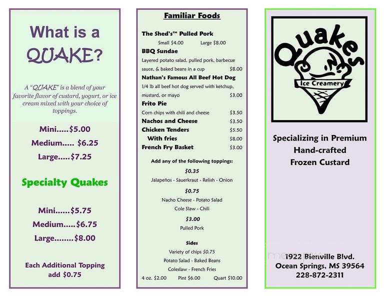 Quakes Ice Creamery - Ocean Springs, MS menu_pic