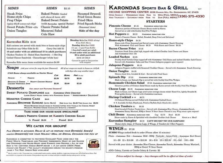 Karonda's Sports Bar Grill - Greensboro, NC menu_pic
