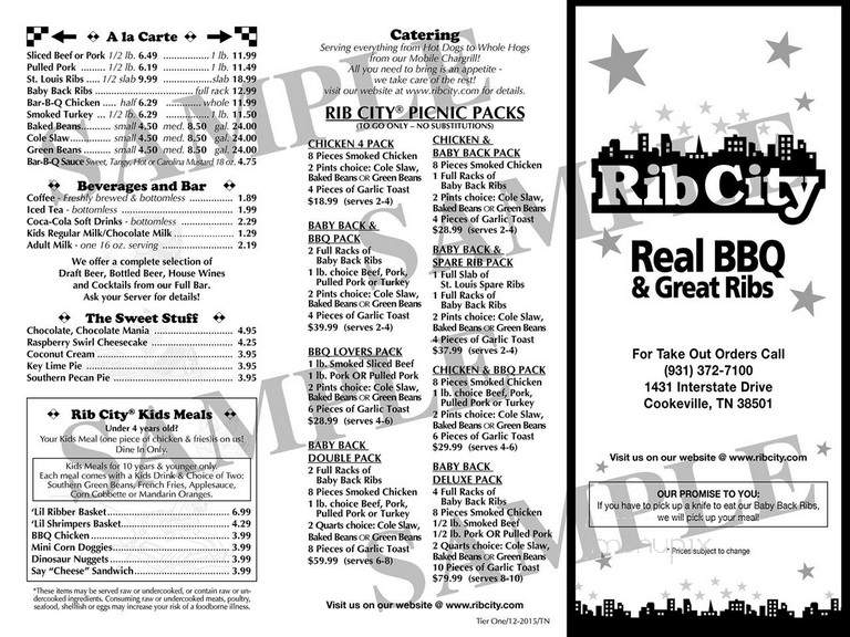 Menu of Rib City in Cookeville, TN 38501