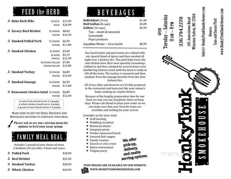 Honky Tonk Smokehouse - Winston Salem, NC menu_pic