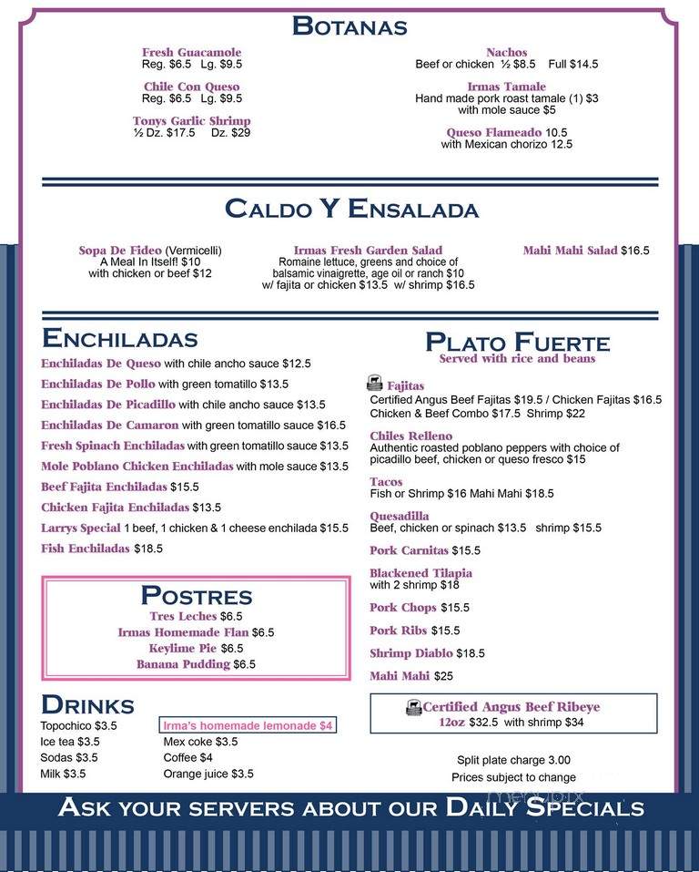 Irma's Restaurant - Houston, TX menu_pic
