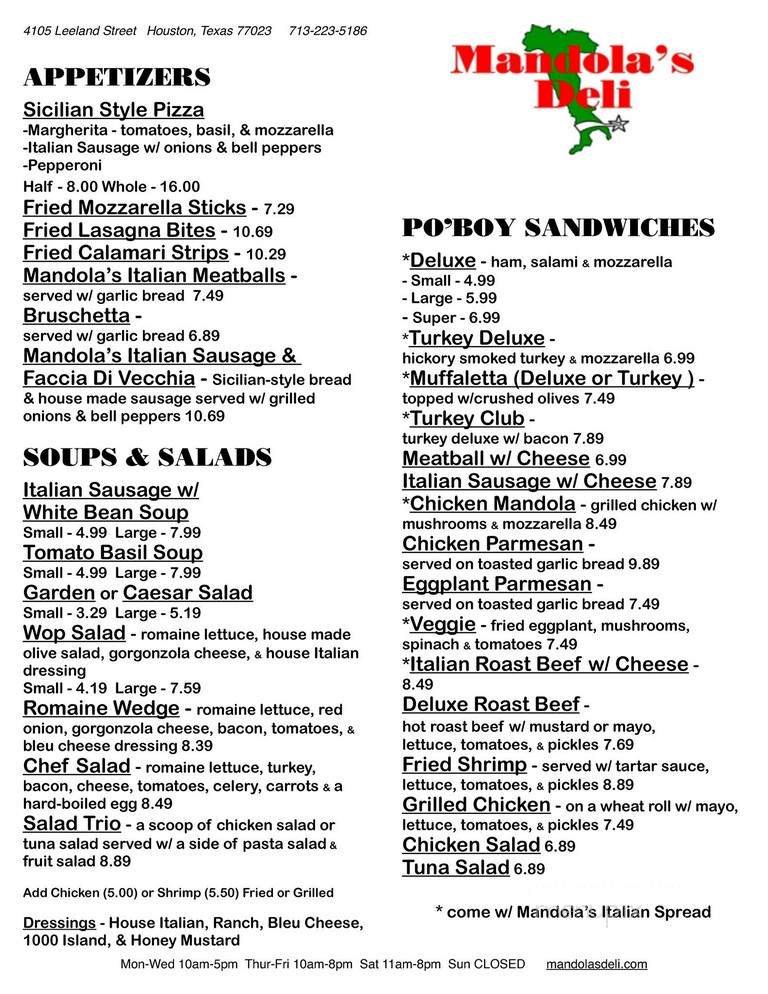 Online Menu of Mandola's Deli, Houston, TX