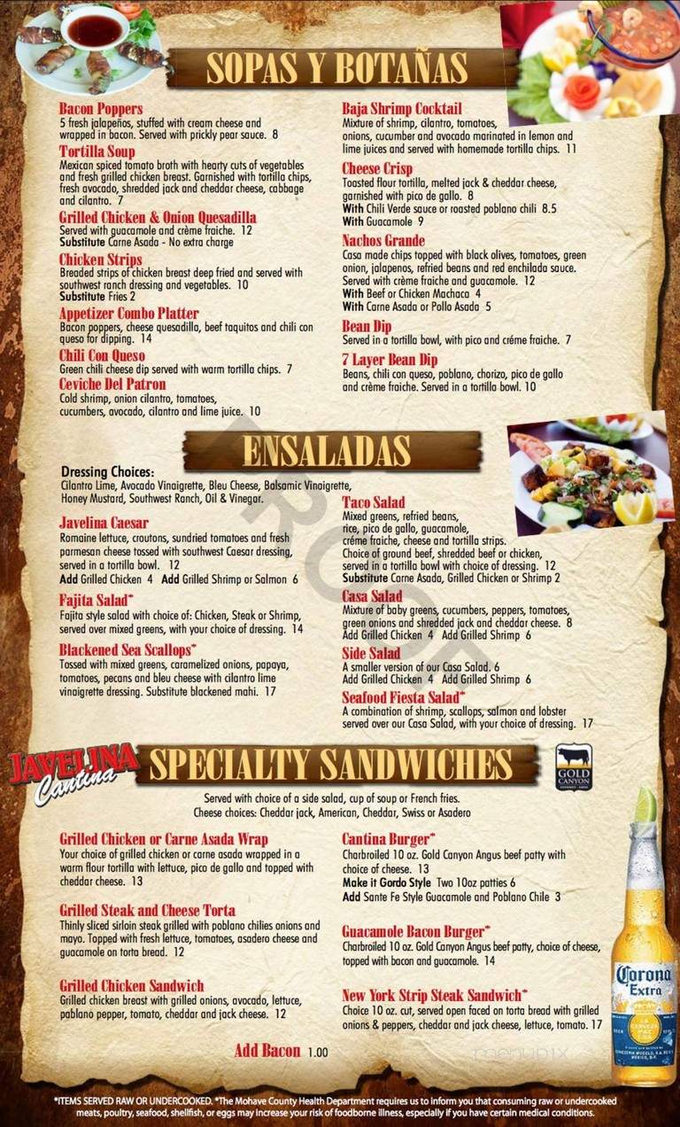Menu of Javelina Cantina in Lake Havasu City, AZ 86403