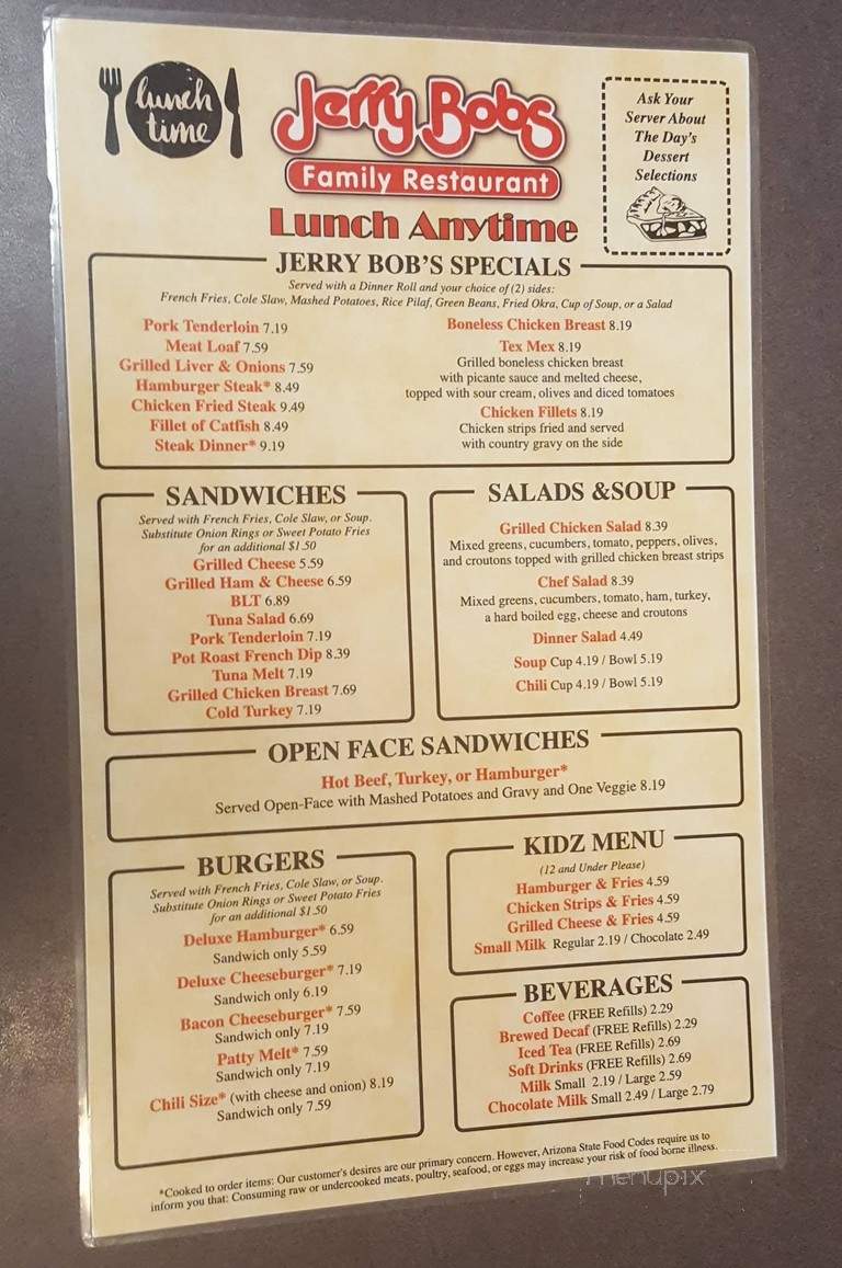 Jerry Bob's Family Restaurant - Tucson, AZ menu_pic