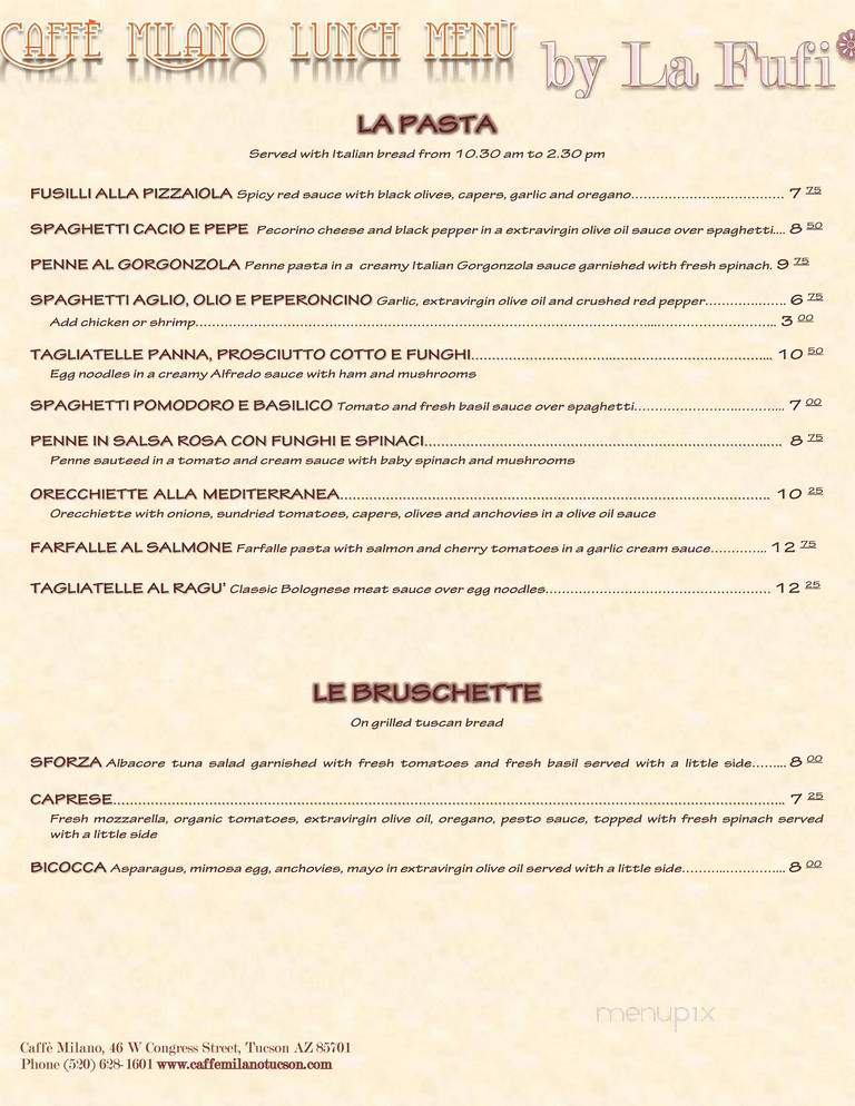 Caffe Milano - Tucson, AZ menu_pic