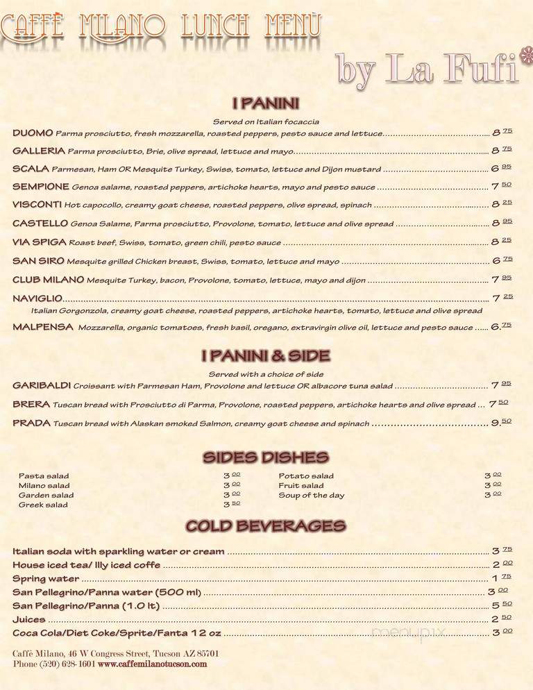 Caffe Milano - Tucson, AZ menu_pic