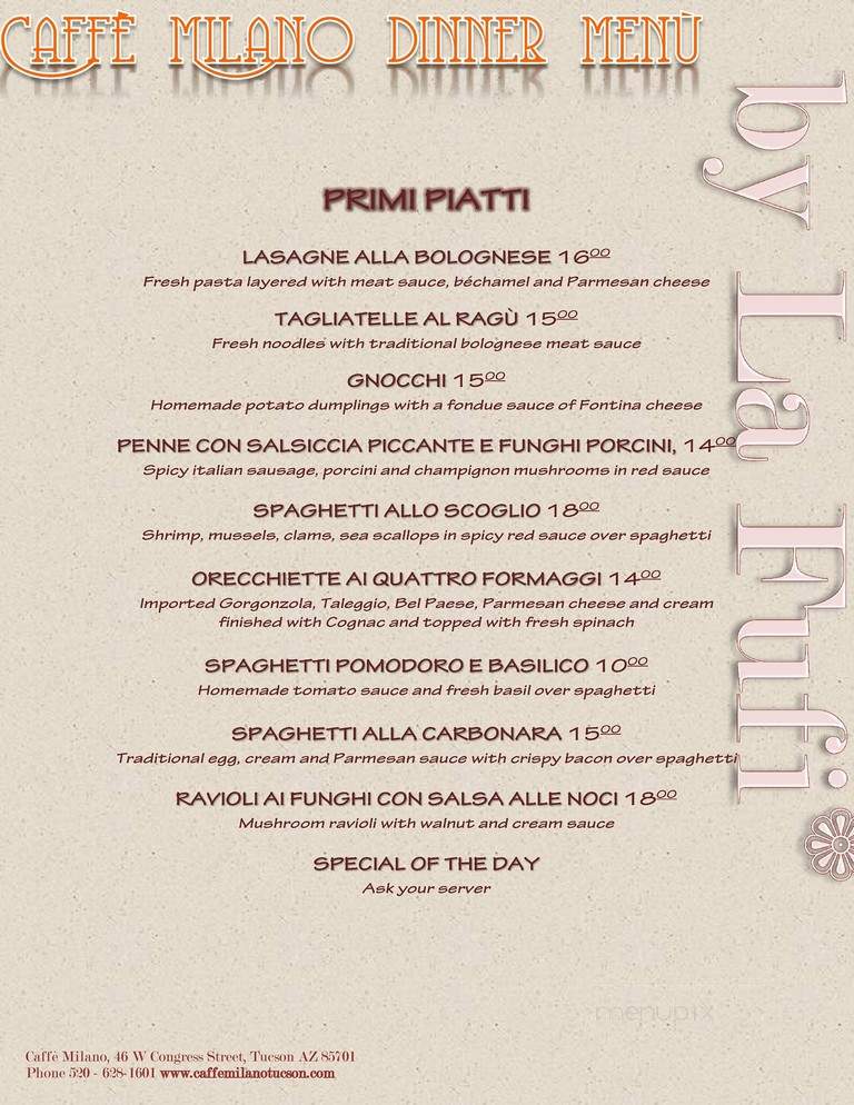 Caffe Milano - Tucson, AZ menu_pic