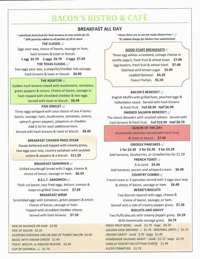 Bacon's Restaurant - Hurst, TX menu_pic