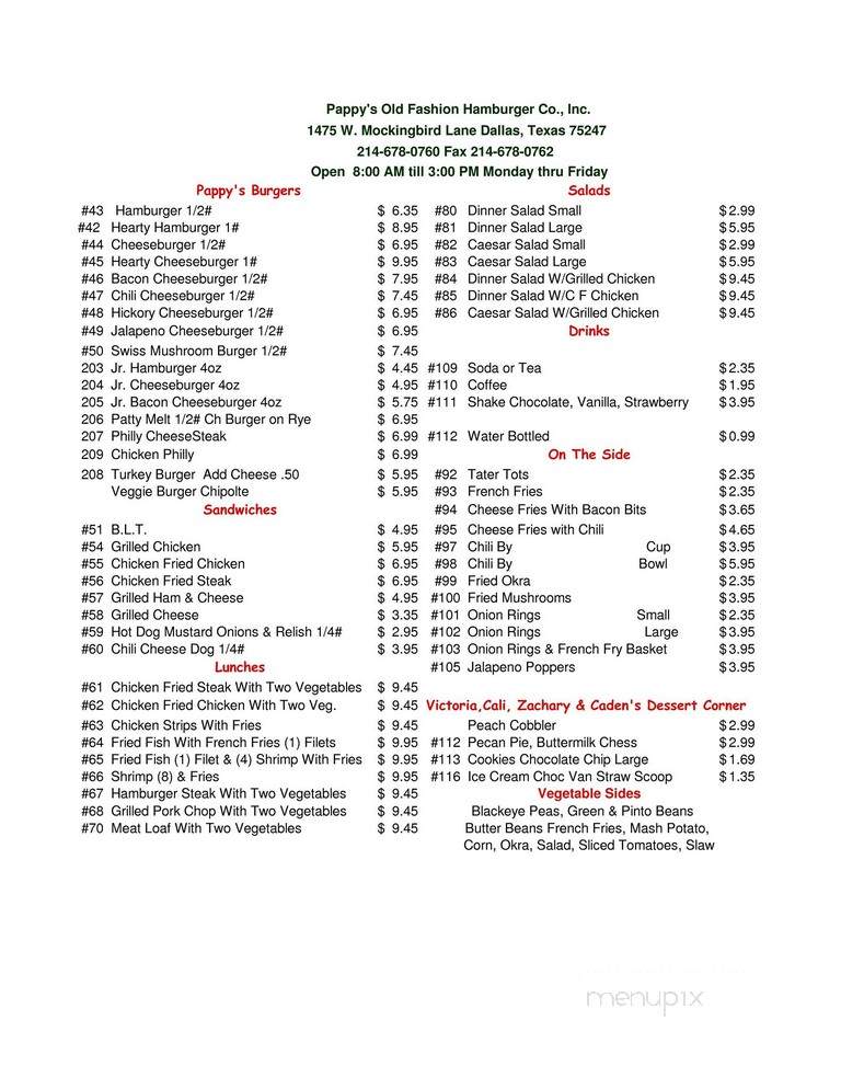 Pappy's Old Fashion Hamburger - Dallas, TX menu_pic