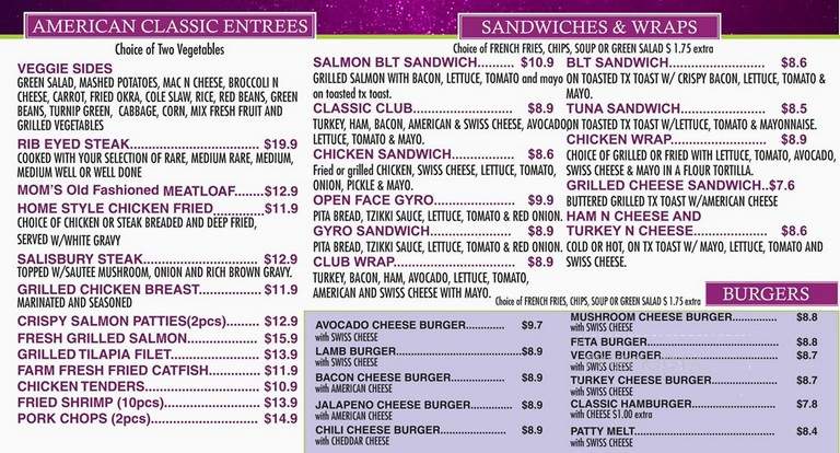 Purple Onion Restaurant - Dallas, TX menu_pic