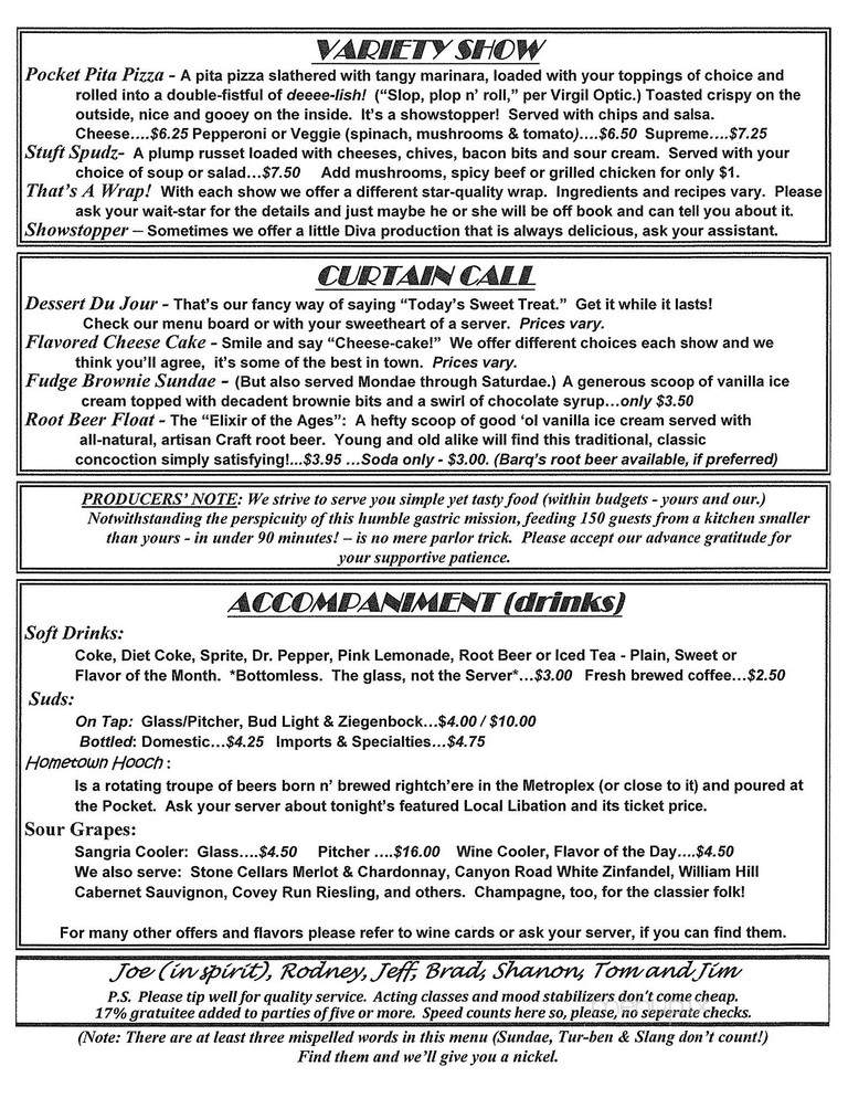 Pocket Sandwich Theatre - Dallas, TX menu_pic