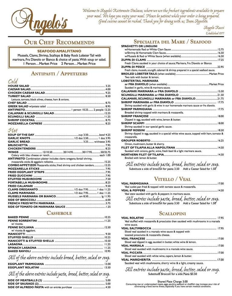 Menu of Angelo's Italian Restaurant in Holiday, FL 34691