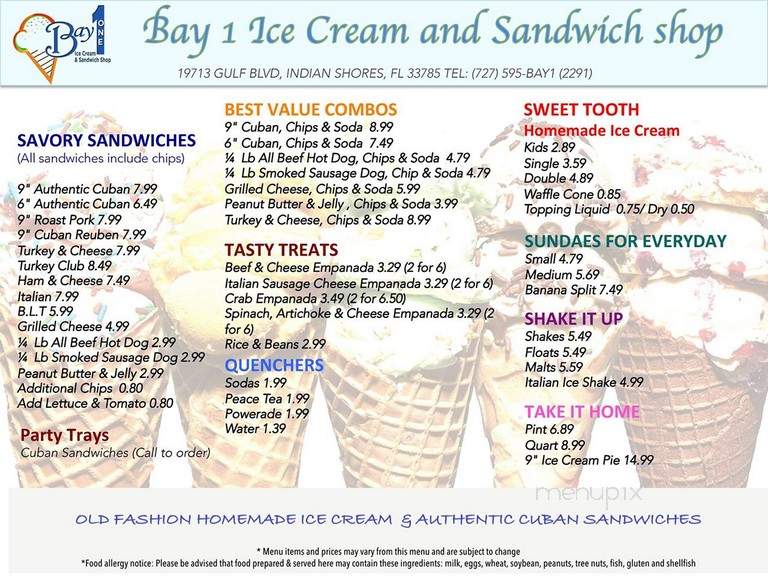 Bay 1 Ice Cream Parlor - Indian Shores, FL menu_pic