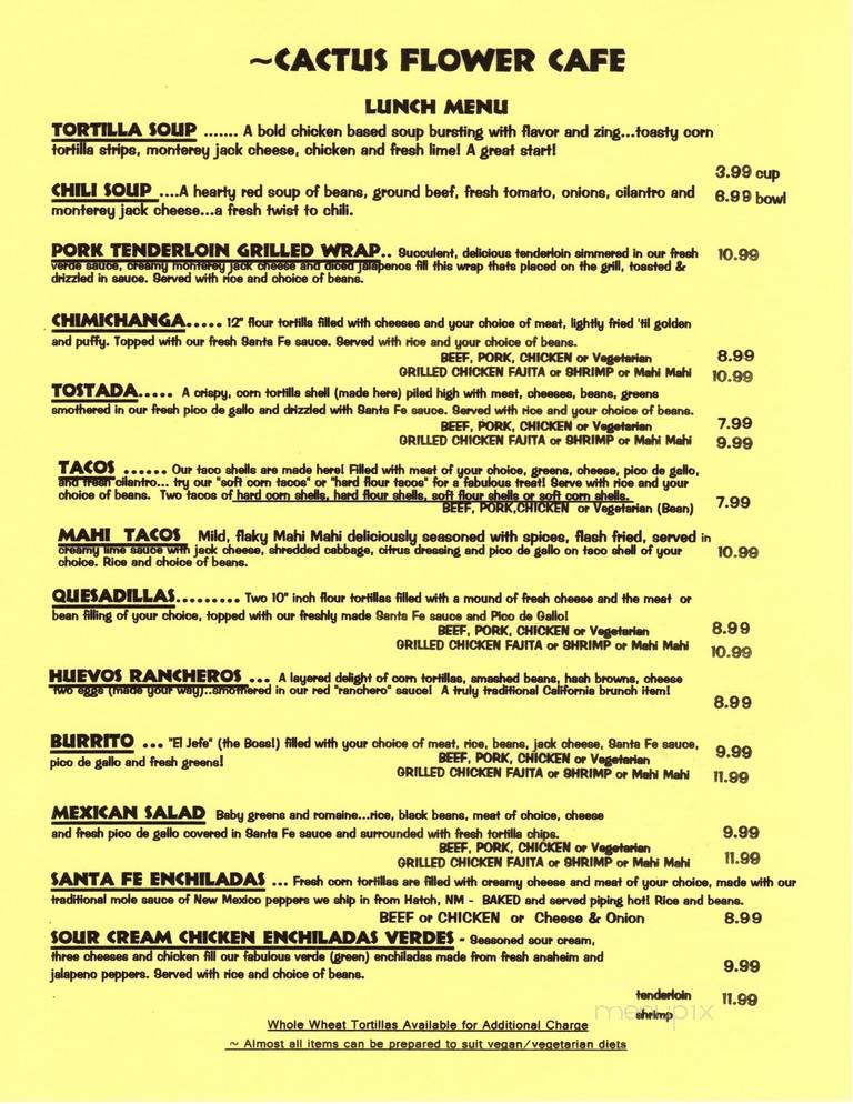 Menu Of Cactus Flower Cafe In Pensacola