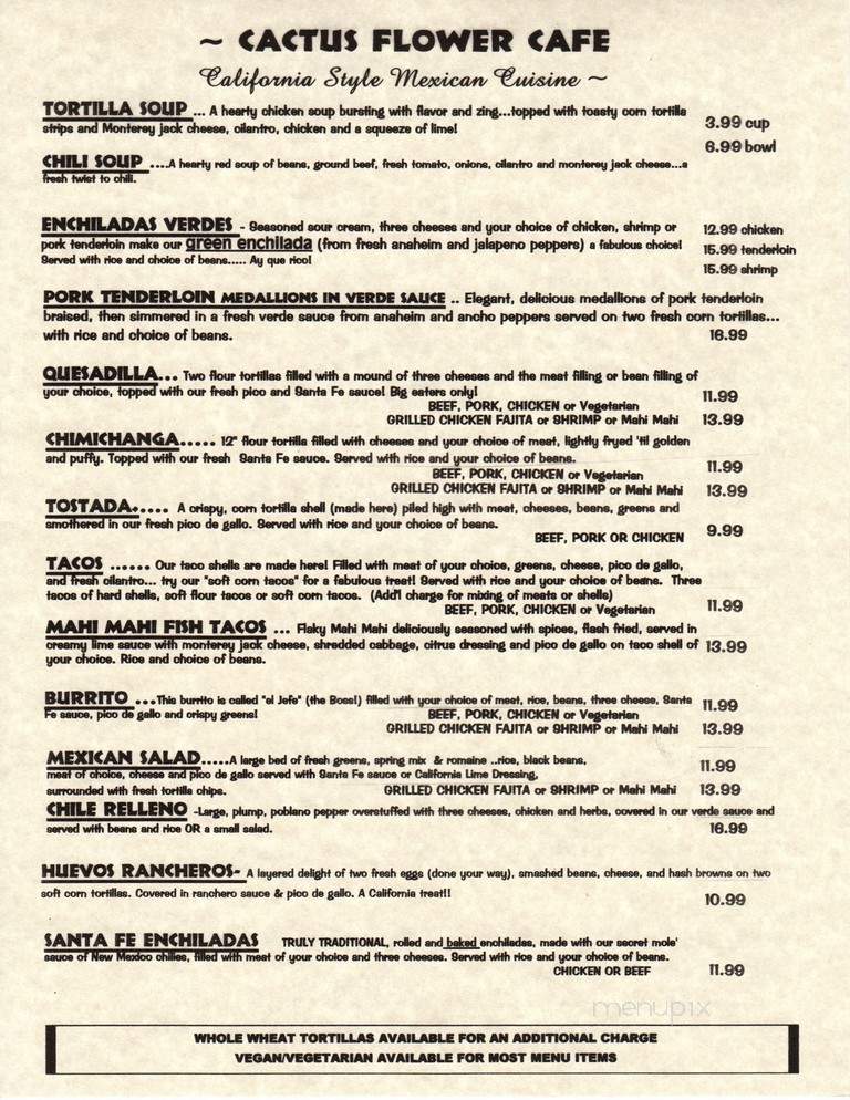 Menu Of Cactus Flower Cafe In Pensacola