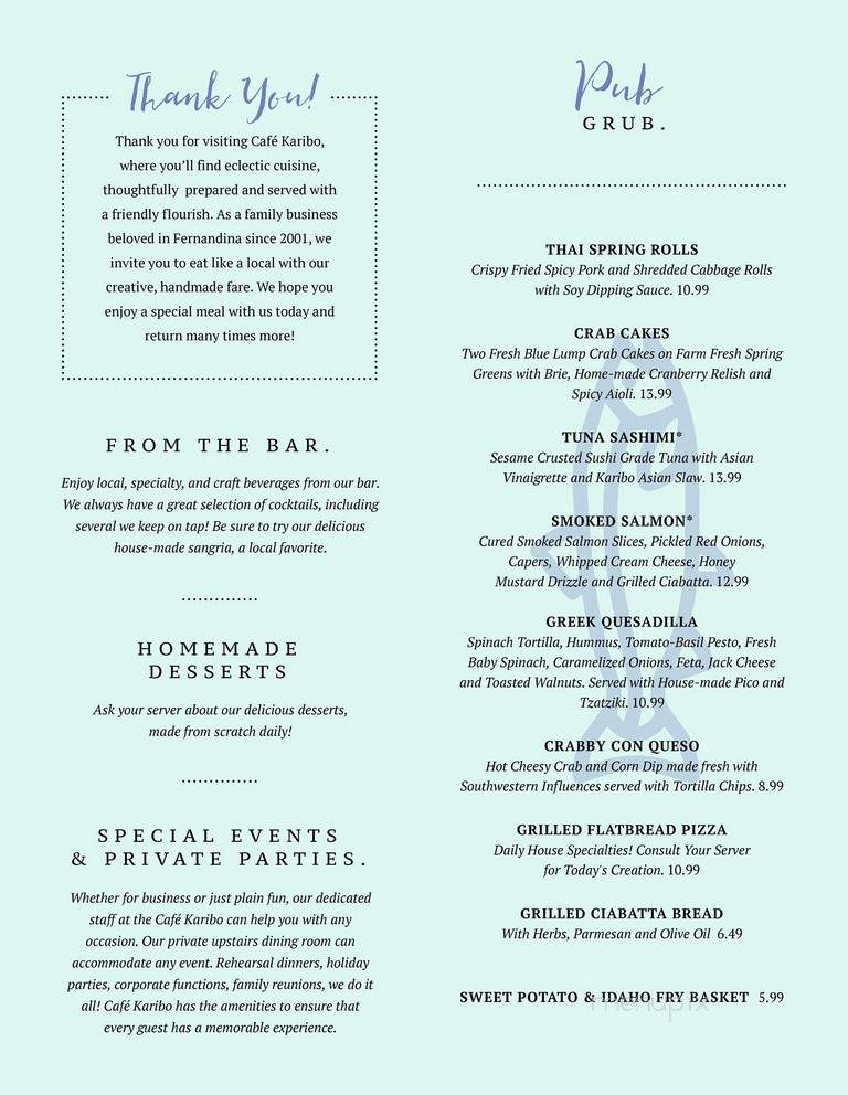 Cafe Karibo - Fernandina Beach, FL menu_pic
