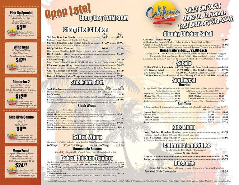 California Chicken Grill - Gainesville, FL menu_pic