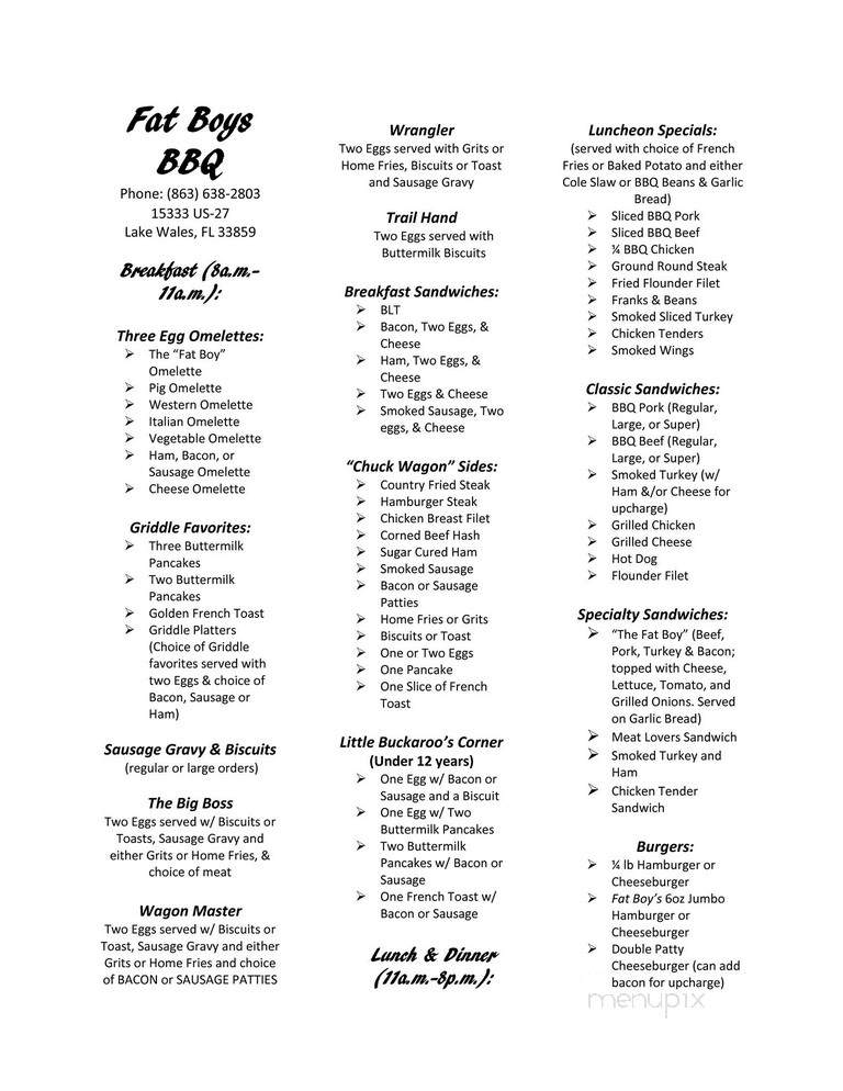 Fat Boys' Bar-B-Q - Lake Wales, FL menu_pic