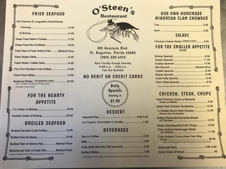 O'Steen's Restaurant - St Augustine, FL menu_pic