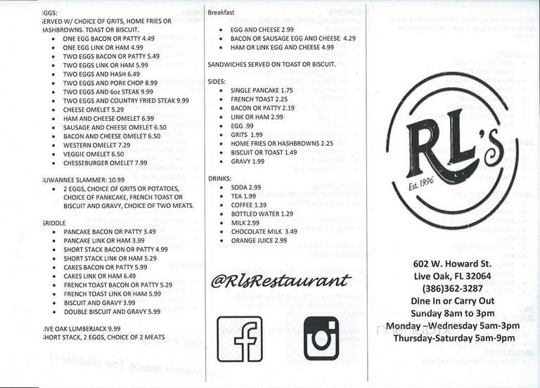 R L's Smokehouse - Live Oak, FL menu_pic