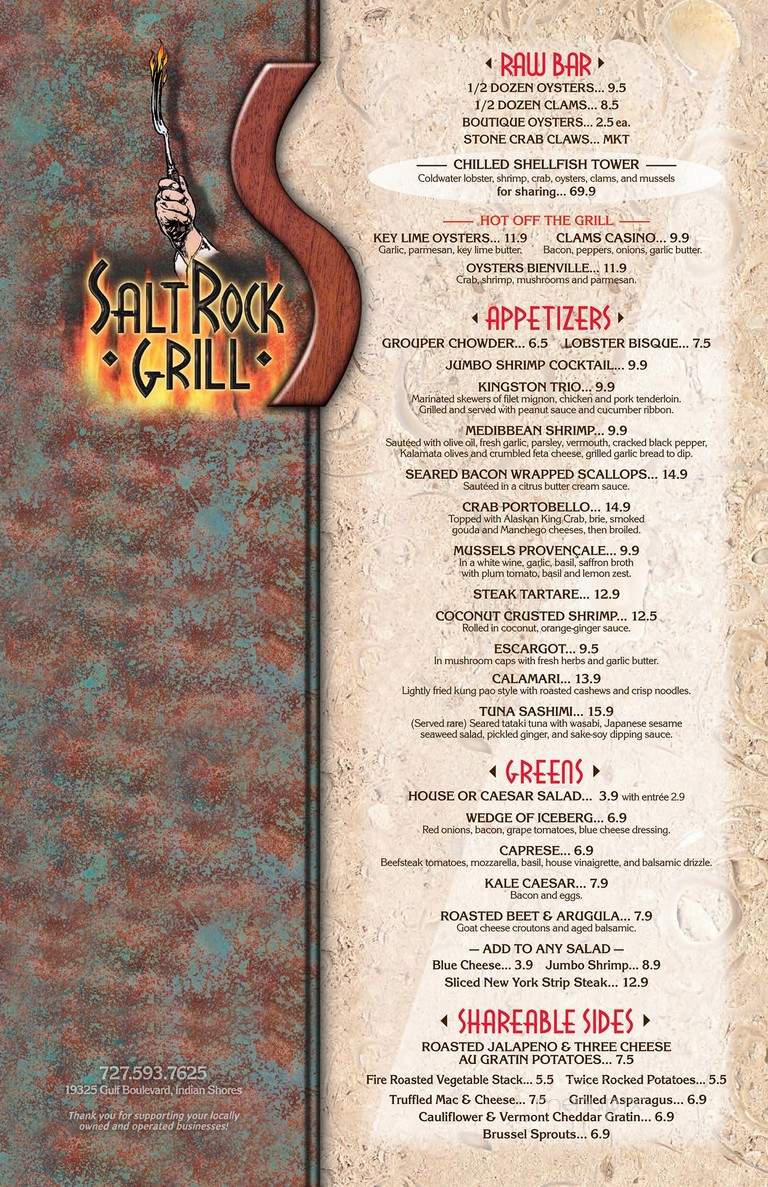 Menu of Saltrock Grill in Indian Shores, FL 33785