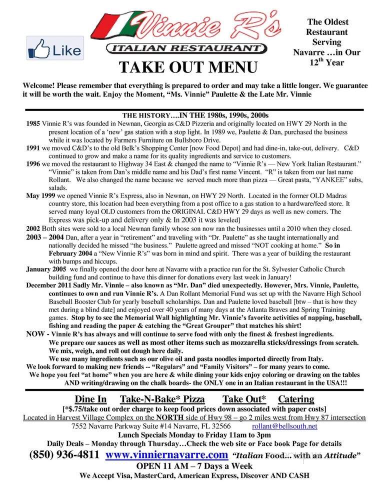 Vinnie R's Restaurant - Navarre, FL menu_pic