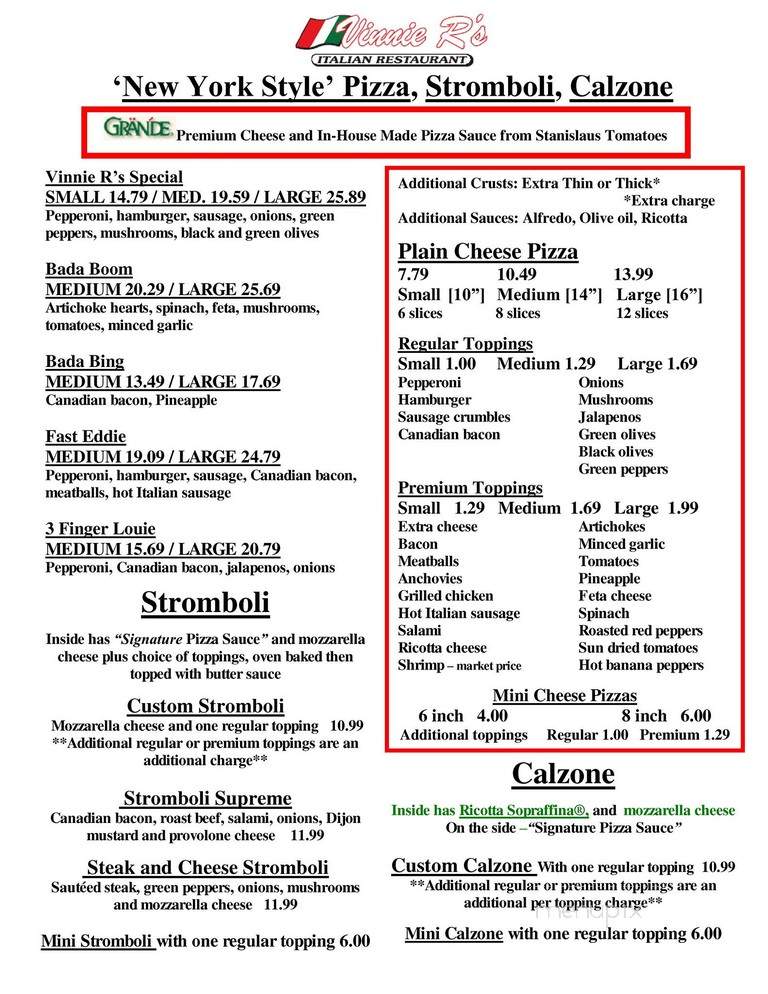 Vinnie R's Restaurant - Navarre, FL menu_pic
