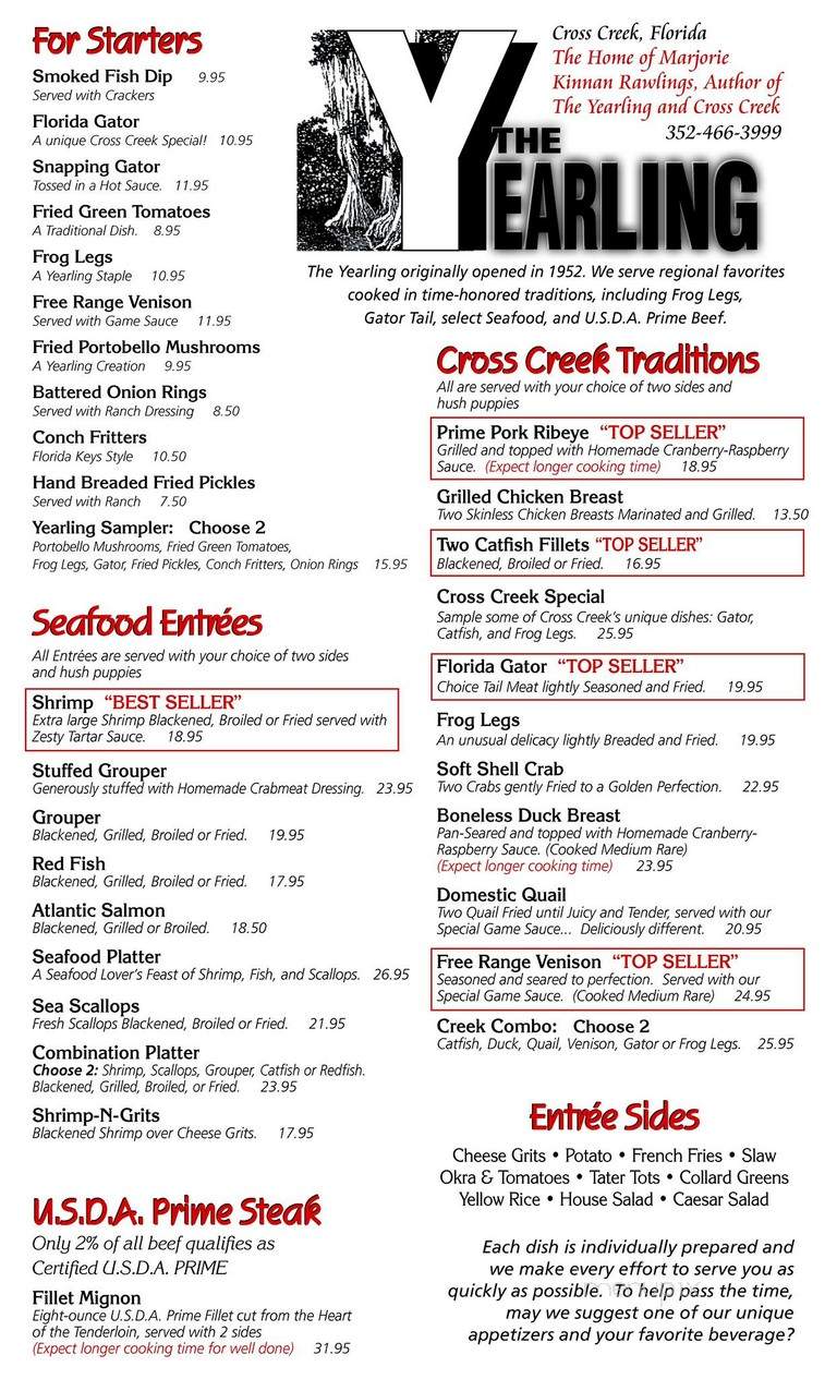 Yearling Restaurant - Hawthorne, FL menu_pic