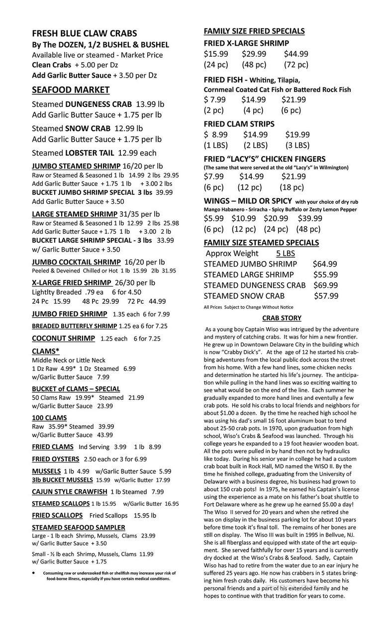 Wiso's Crab Carryout - Delaware City, DE menu_pic