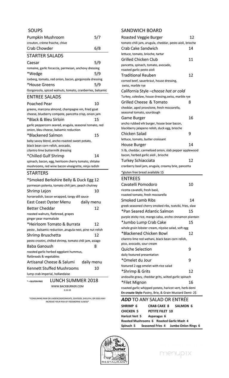 Back Burner Rest - Hockessin, DE menu_pic