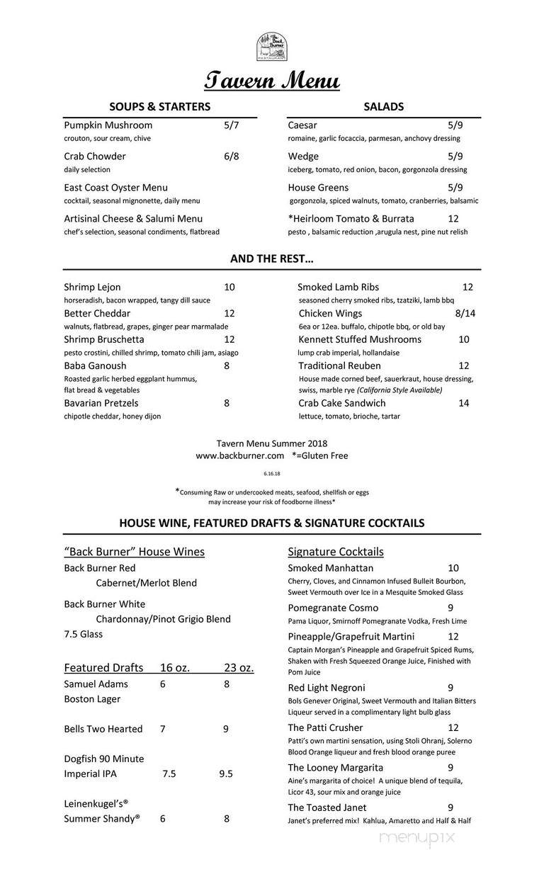 Back Burner Rest - Hockessin, DE menu_pic