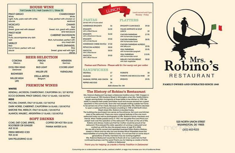 Mrs Robino's Restaurant - Wilmington, DE menu_pic