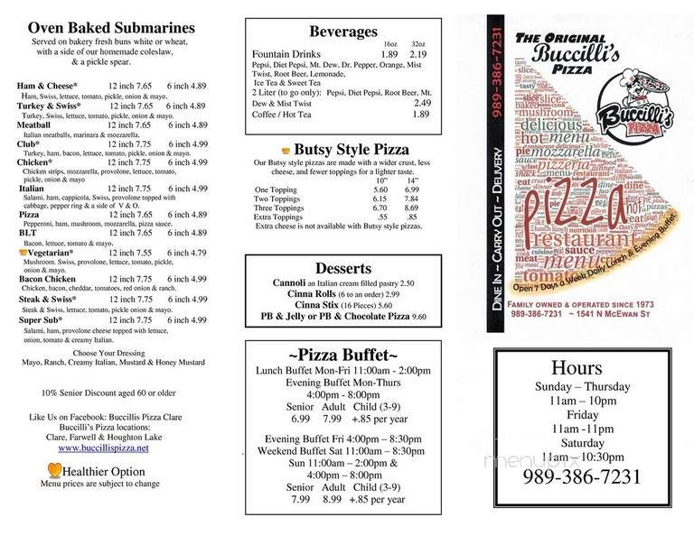 Buccilli's Pizza - Clare, MI menu_pic