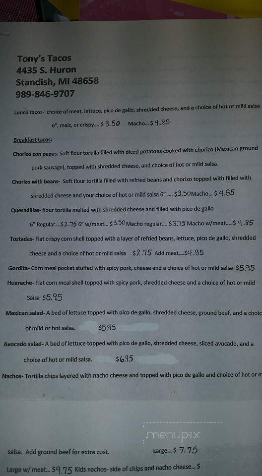 Tony's Tacos - Standish, MI menu_pic