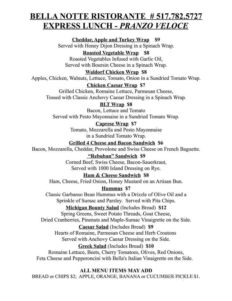 Bella Notte Ristorante - Jackson, MI menu_pic