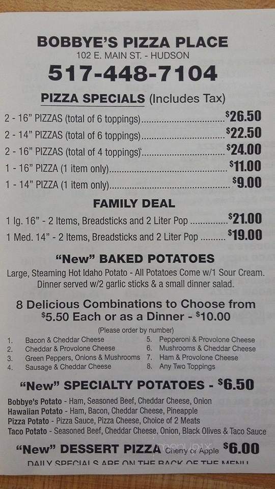 Bobbye's Pizza Place - Hudson, MI menu_pic