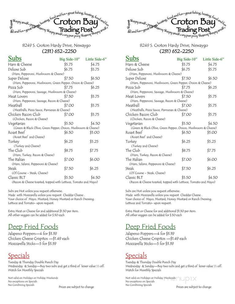 Croton Bay Trading Post - Newaygo, MI menu_pic