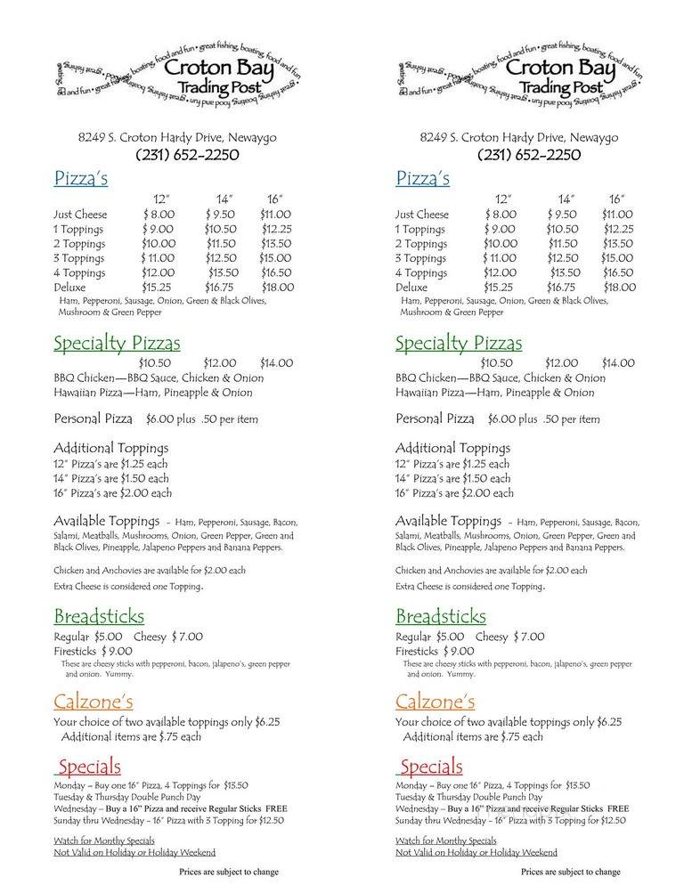 Croton Bay Trading Post - Newaygo, MI menu_pic