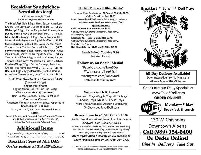 Take Five Deli - Alpena, MI menu_pic