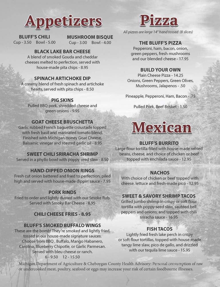 Bluffs Resorts - Cheboygan, MI menu_pic
