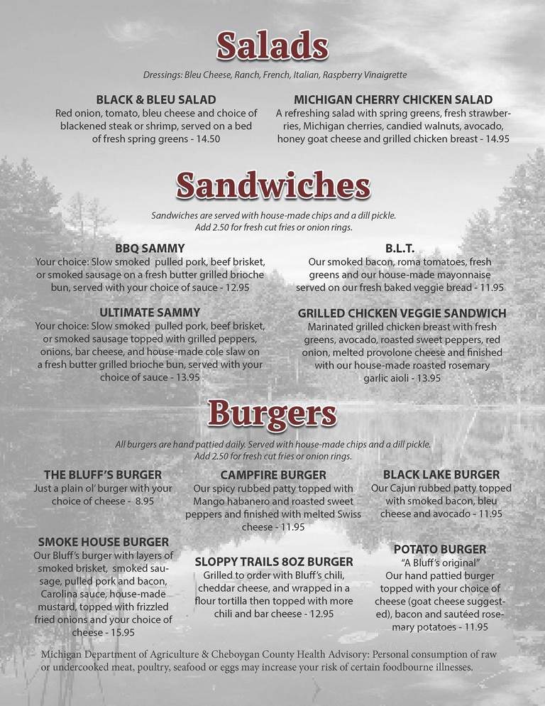 Bluffs Resorts - Cheboygan, MI menu_pic