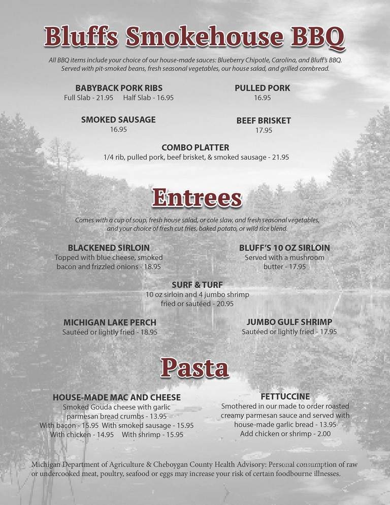 Bluffs Resorts - Cheboygan, MI menu_pic