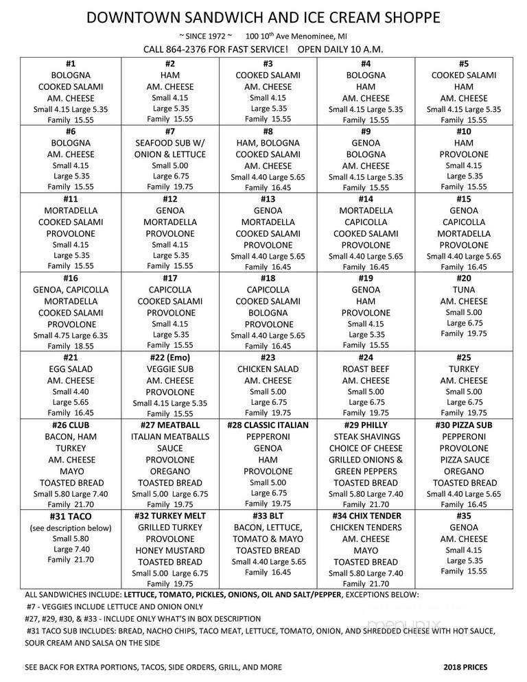Downtown Sandwich & Ice Cream - Menominee, MI menu_pic