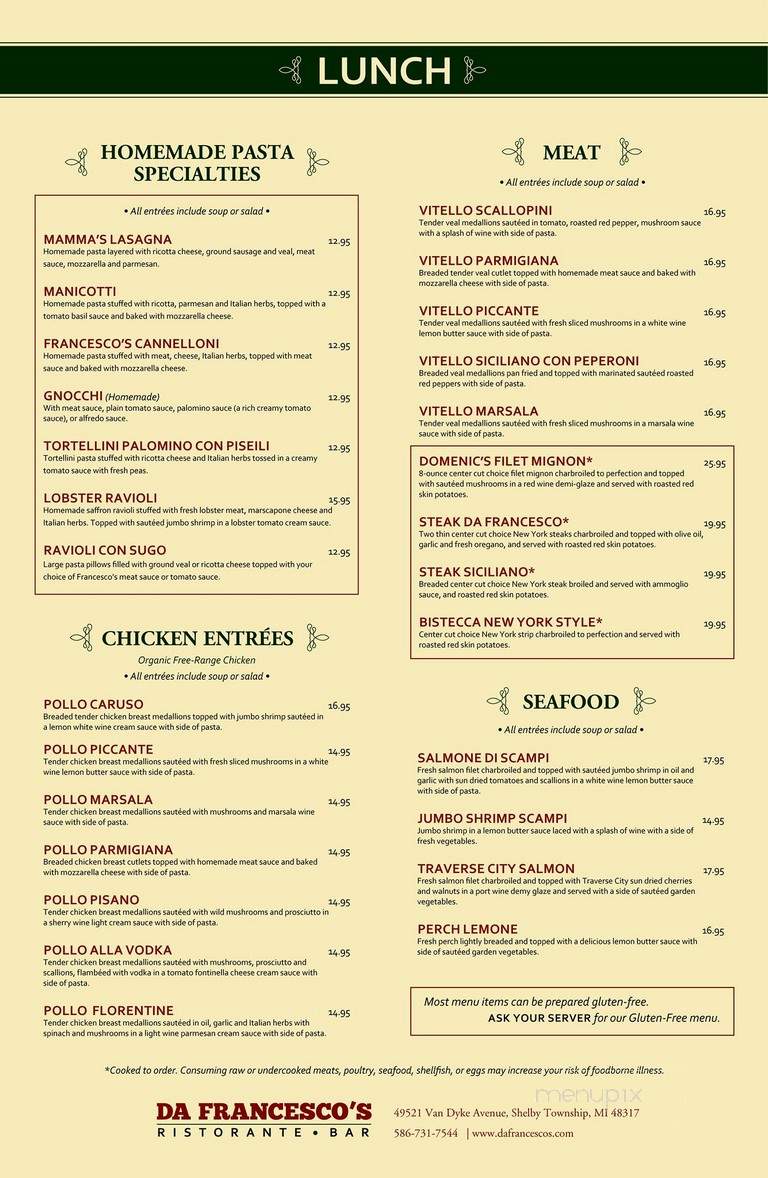 Da Francesco Italian Cuisine - Shelby Township, MI menu_pic