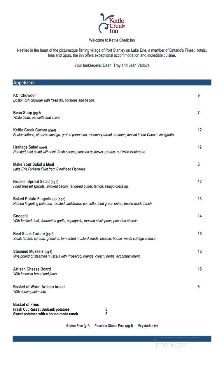 Kettle Creek Inn - Central Elgin, ON menu_pic