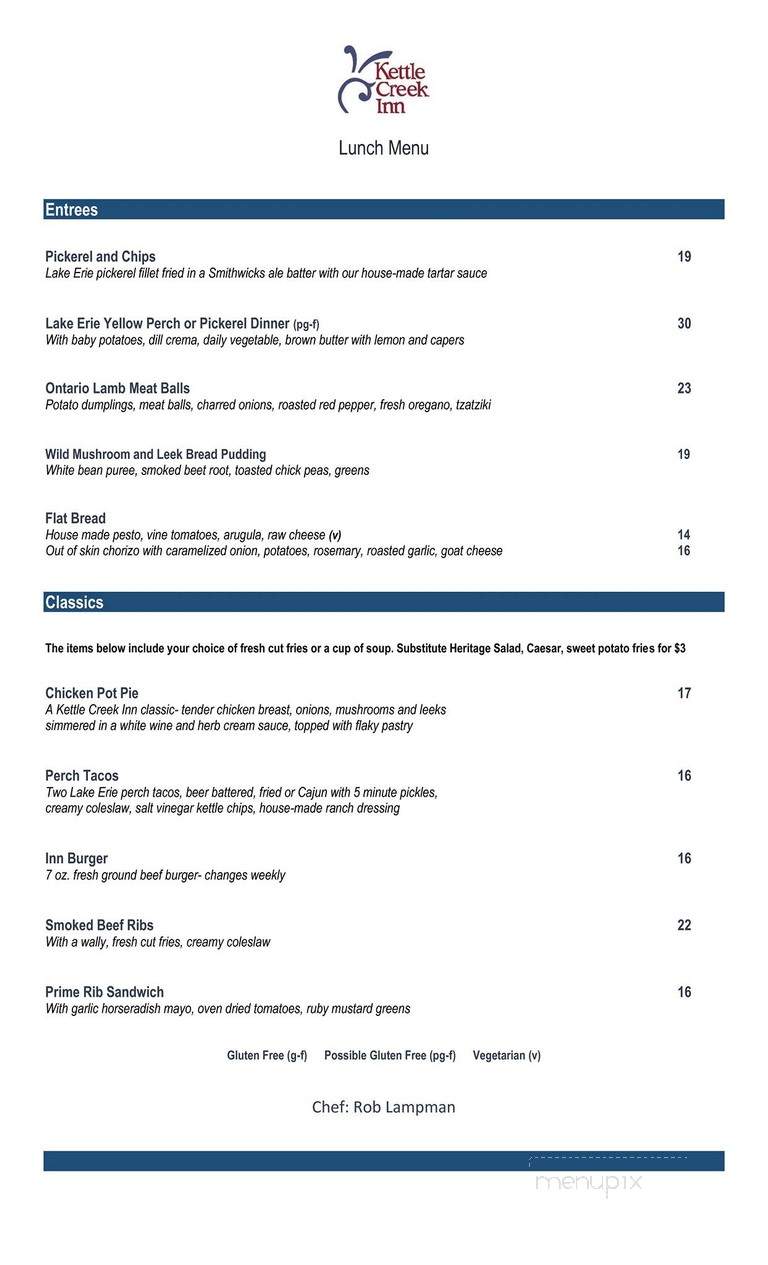 Kettle Creek Inn - Central Elgin, ON menu_pic