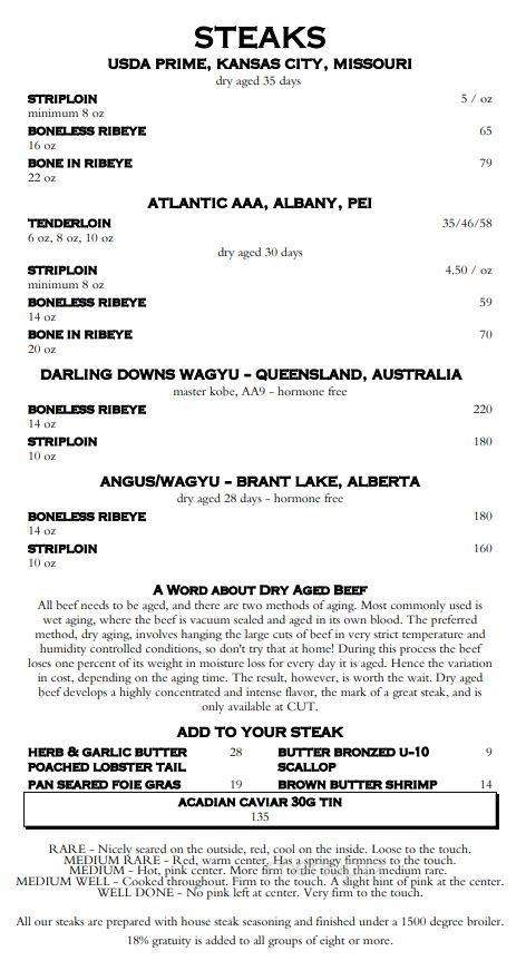 CUT Contemporary Steakhouse & Urban Grill - Halifax, NS menu_pic