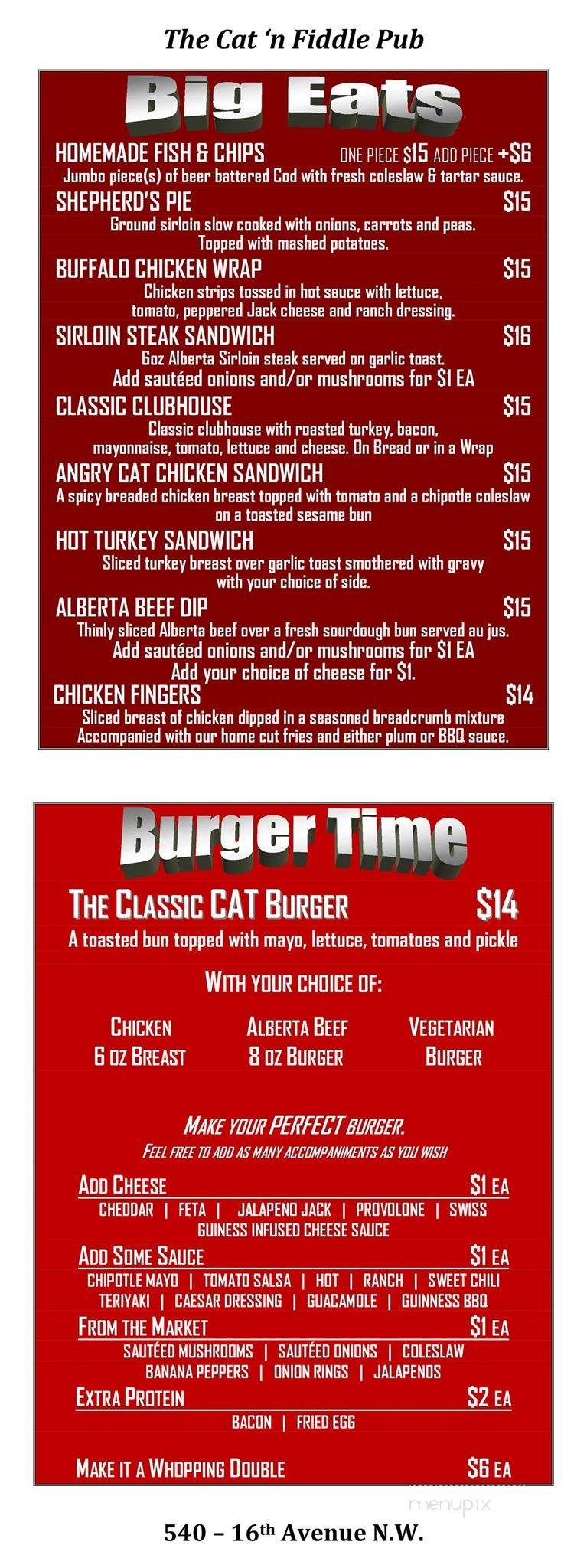Cat'n Fiddle Pub - Calgary, AB menu_pic