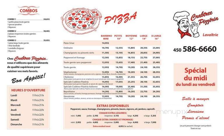 Menu of Crabtree Pizzeria in Crabtree, QC J0K 1B0